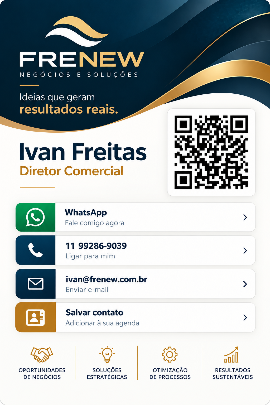 Cartão digital Frenew: Ivan Freitas, Diretor Comercial. Ideias que geram resultados reais.